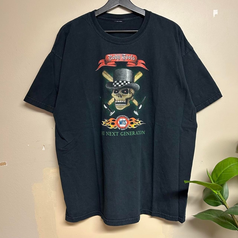 Vintage 90s MTS Body Tools Car Grunge Skeleton Shirt Mens XL Black